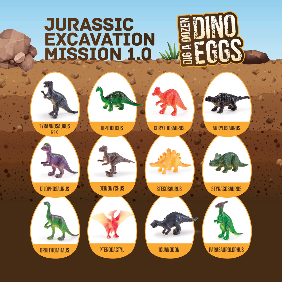 Twelve unique toy dinosaur models displayed next to their colorful history cards