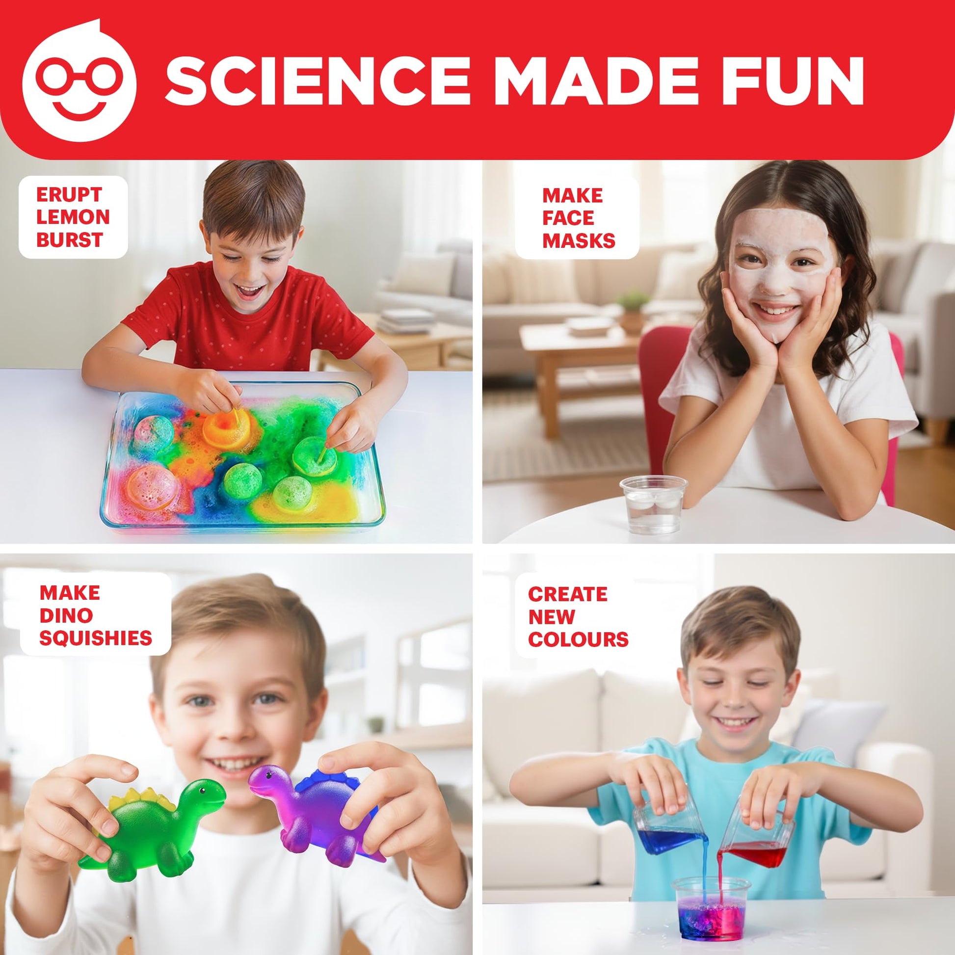 Kids safety-first chemistry set equipment with non-toxic powders and mixing cups close up view.