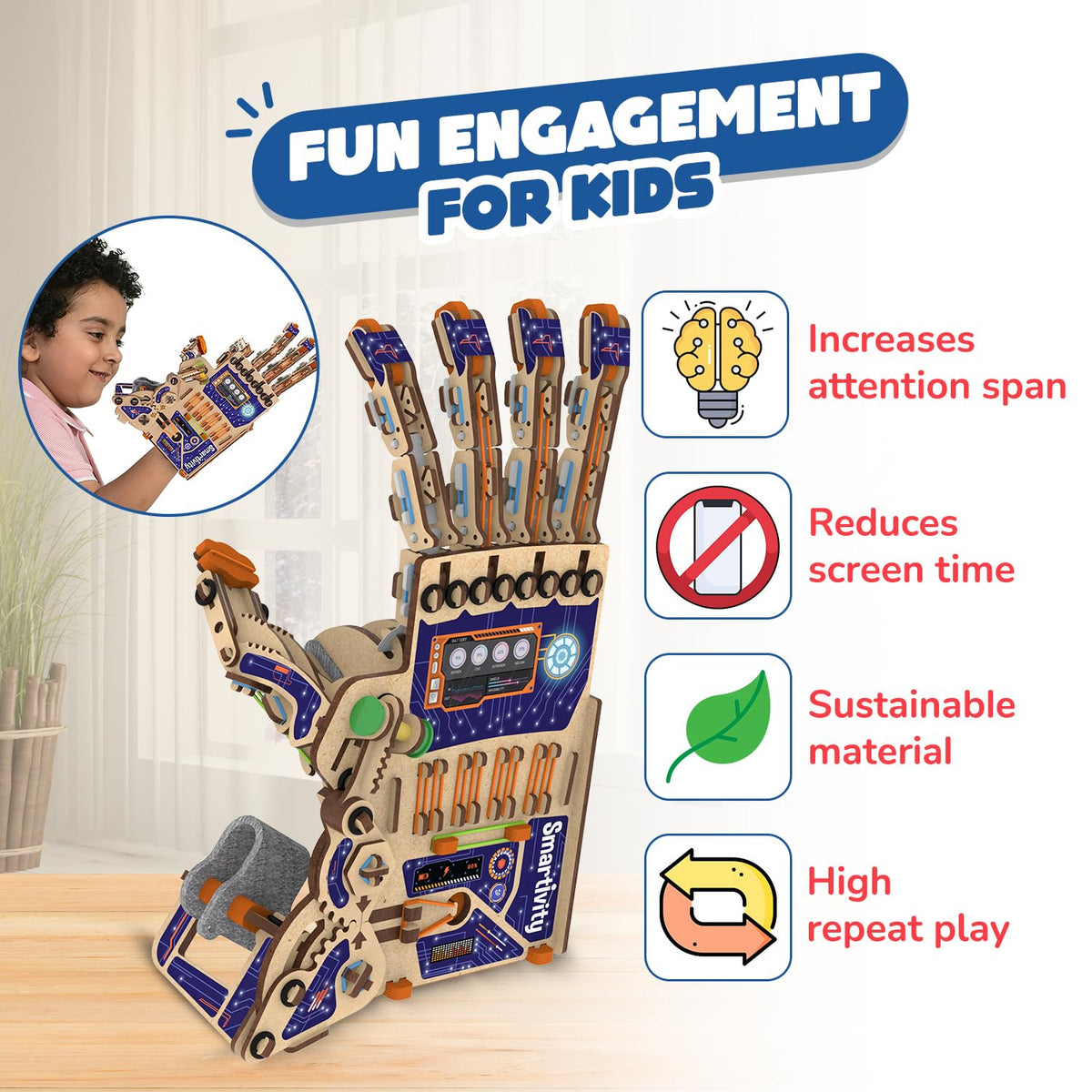 Smartivity educational building kit wearable robotic hand fully assembled on child's arm