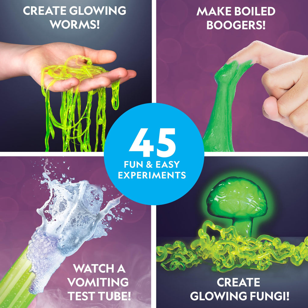 Child using the National Geographic chemistry set to create glowing worms and squishy eyeballs