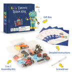 Assembled solar-powered toy car component from the BeAndge engineering kit operating under sunlight