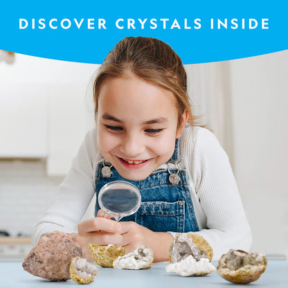 Ten real volcanic geode rocks unboxed with safety goggles and magnifying glass