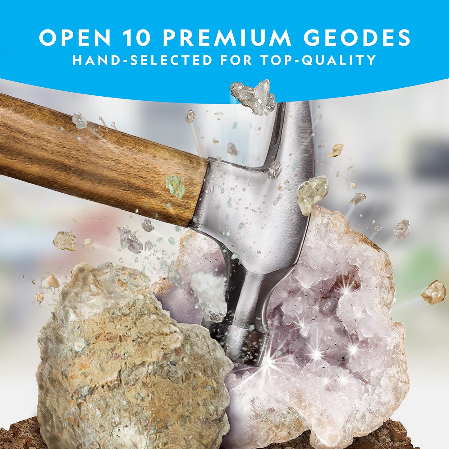 Two cracked open geodes displaying sparkling purple amethyst crystals on stands
