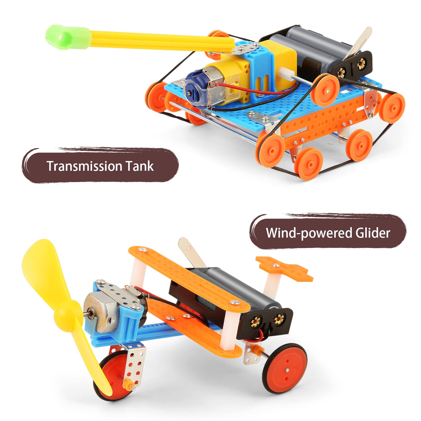 Children pieces and electronic motors spread out for a DIY science experiment project