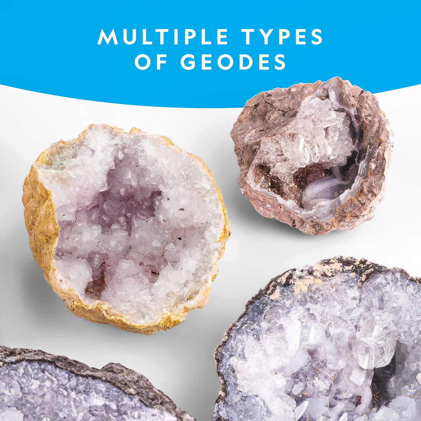 Full-color educational learning guide manual lying next to opened crystal geodes