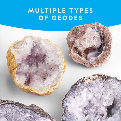 Full-color educational learning guide manual lying next to opened crystal geodes