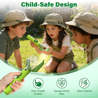 Child safely observing a small ladybug inside the transparent exploration tool