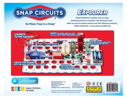 Snap Circuits Jr SC-100 kit opened up revealing thirty color-coded electrical components and the plastic snap grid.