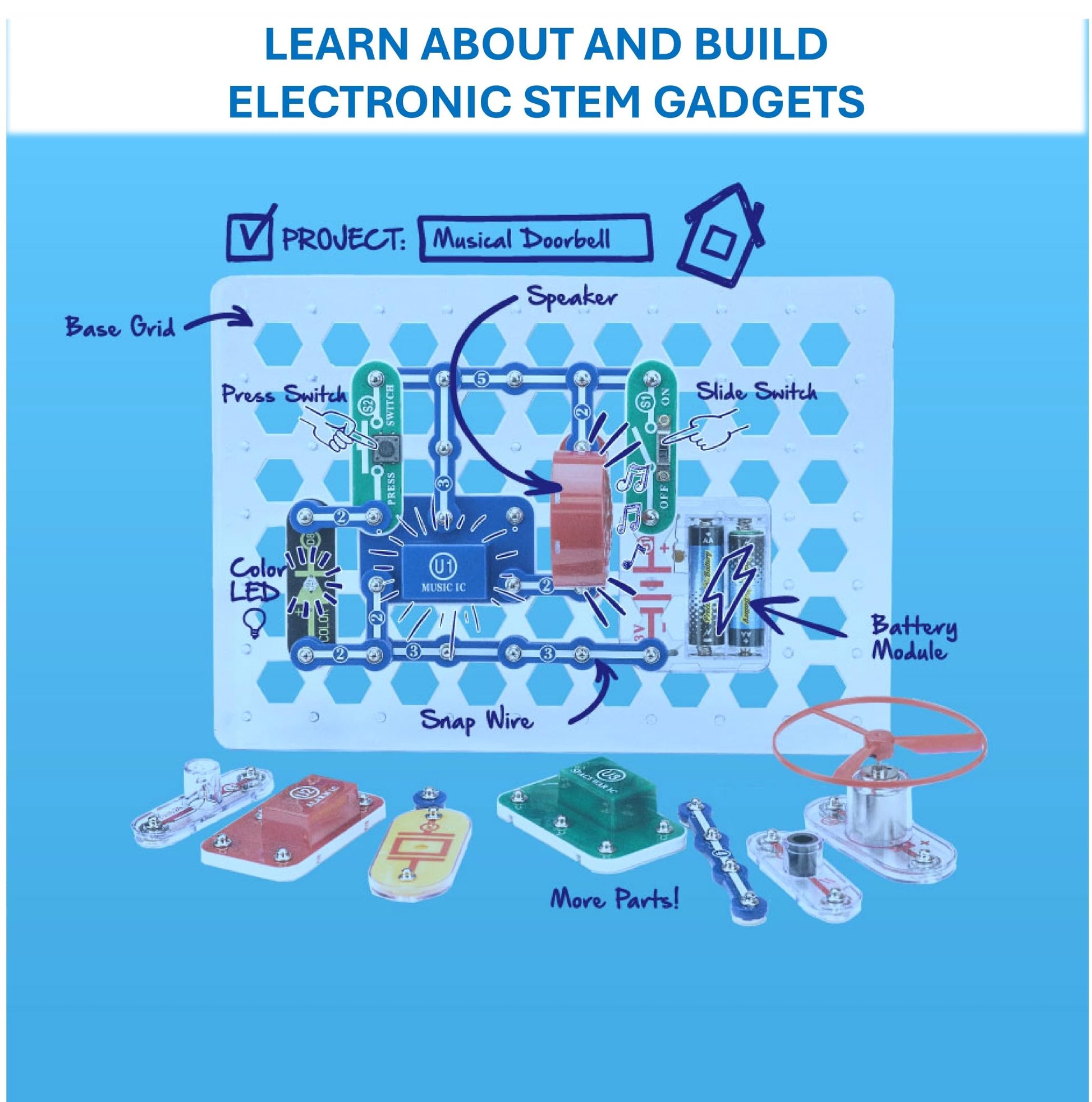 The full color illustrated project manual included with the Elenco electronics exploration set displaying step-by-step instructions.