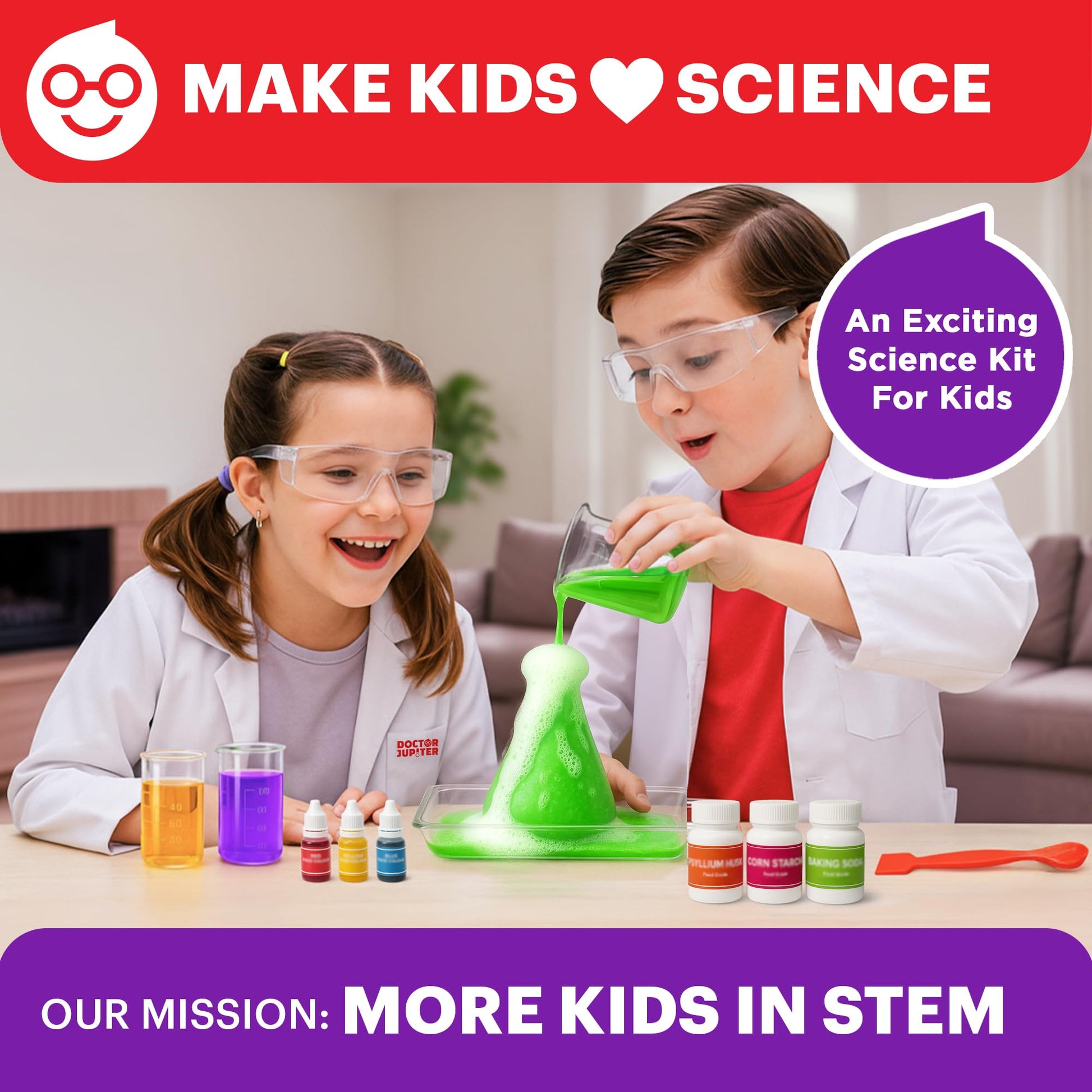 Doctor Jupiter chemistry toy kit contents including beakers test tubes and safety goggles