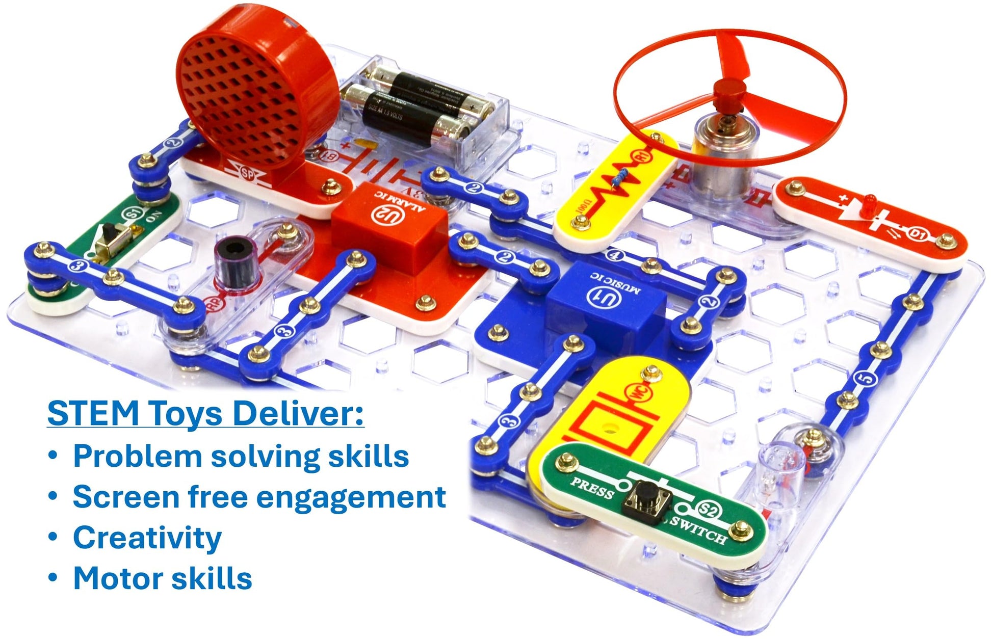 Assembled working model of an alarm circuit built using the premium USA imported STEM toy modules.