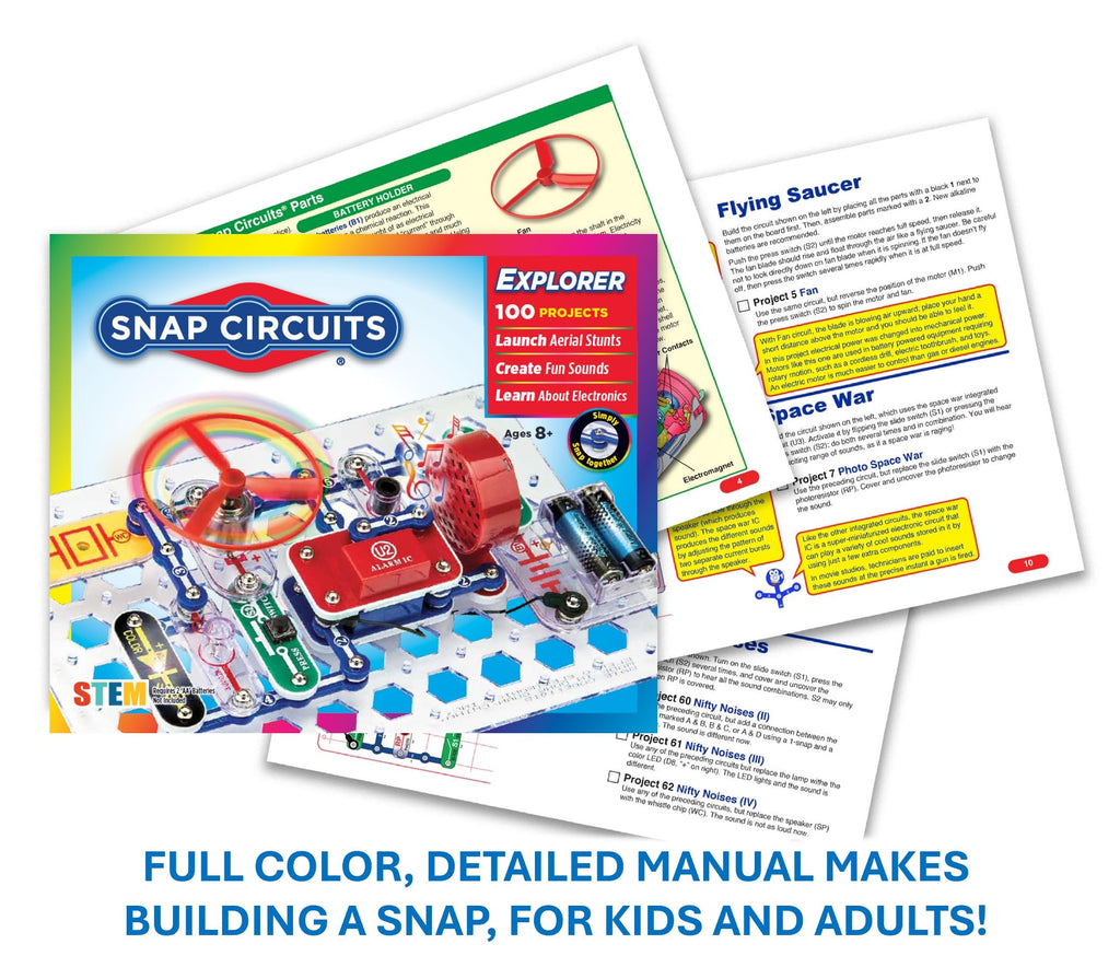 Side view of the multicolor electronic components grid demonstrating the safe and tool-free design for children.