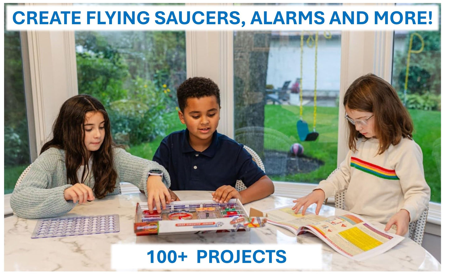 A completed flying saucer project utilizing the red fan module from the Snap Circuits Junior set.