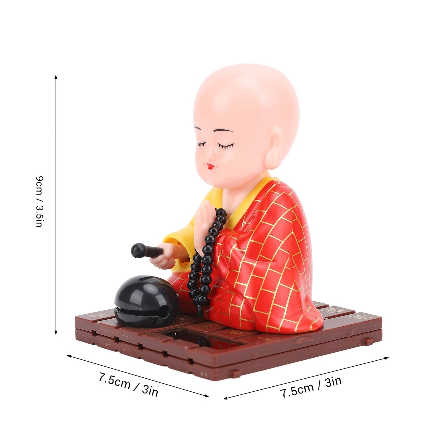 Tyenaza Solar Buddha Monk Statue close up view of smiling face and black meditation beads.