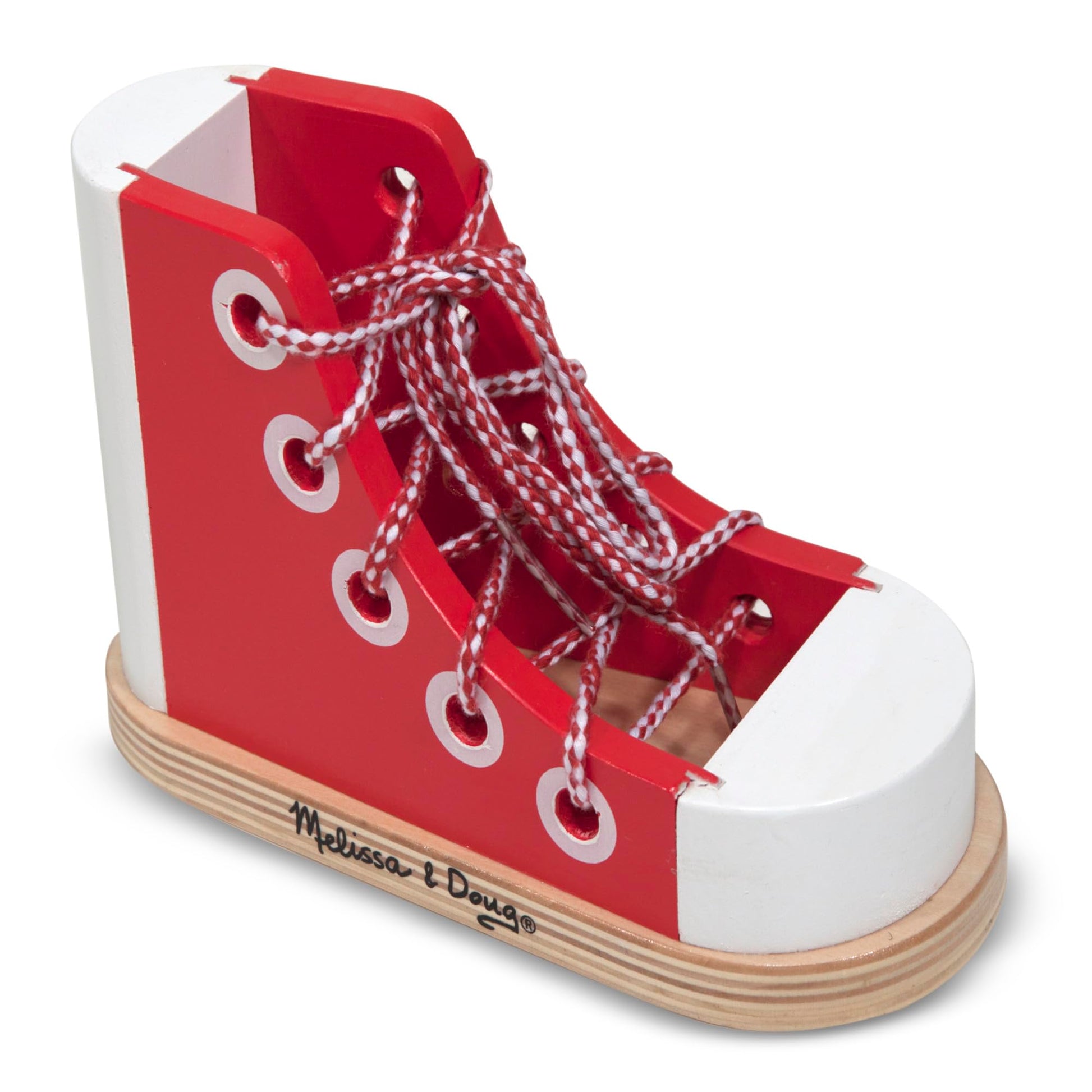 Durable wooden high top sneaker activity board close up look