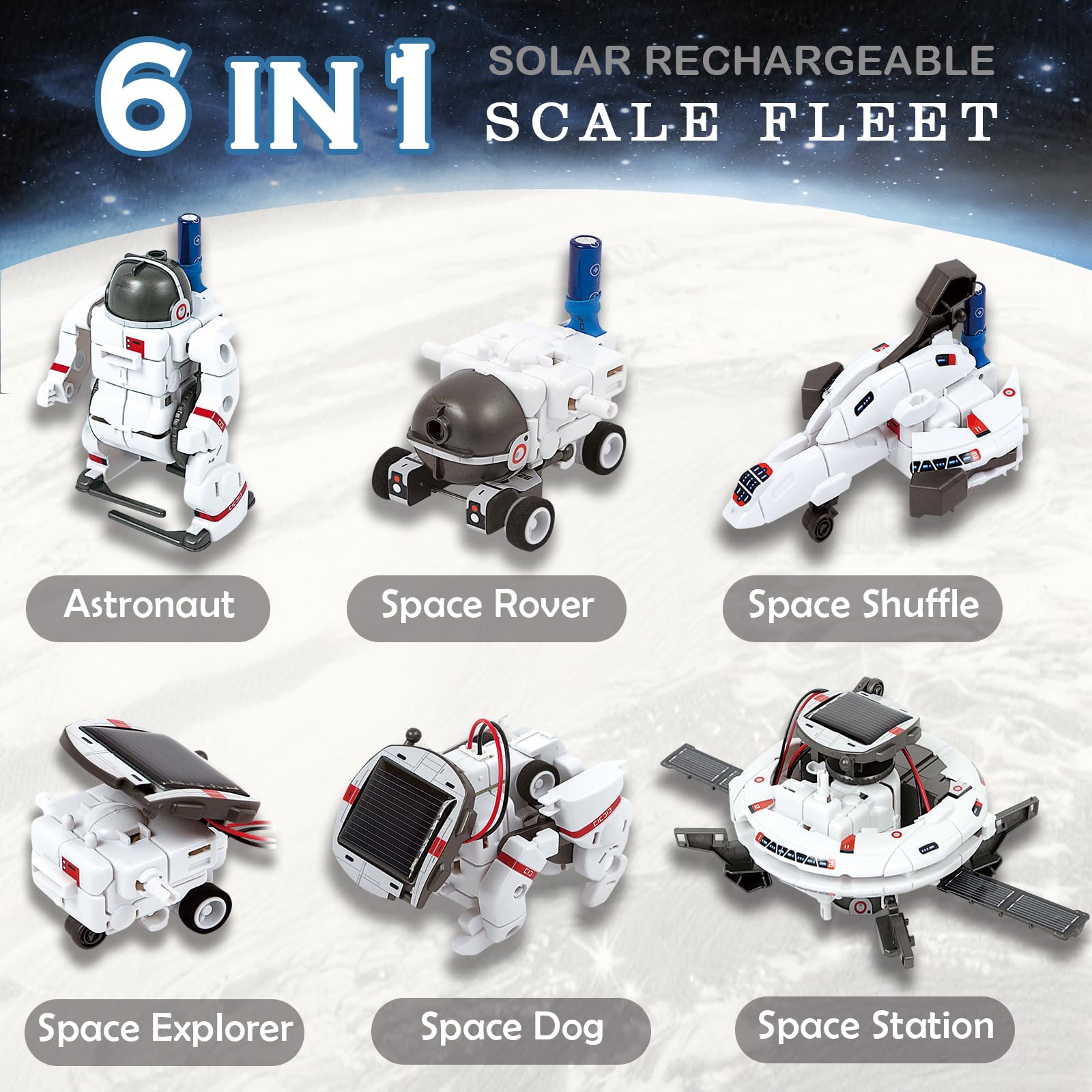 Six different space robot models assembled from the educational science kit