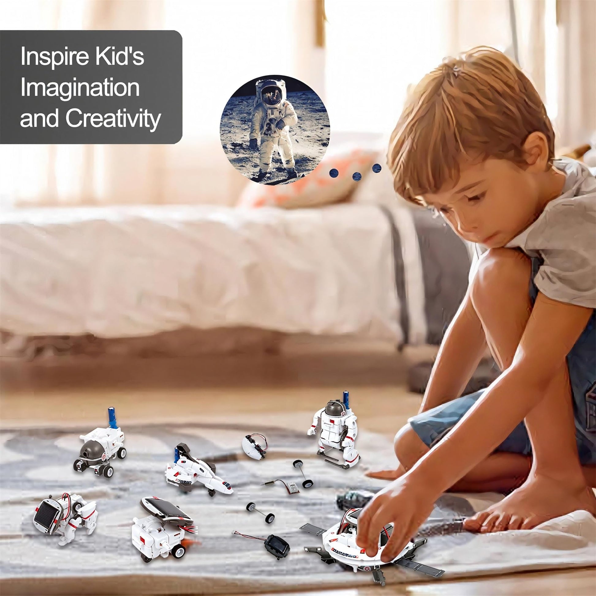 Astronaut and space dog robot models operating under direct sunlight