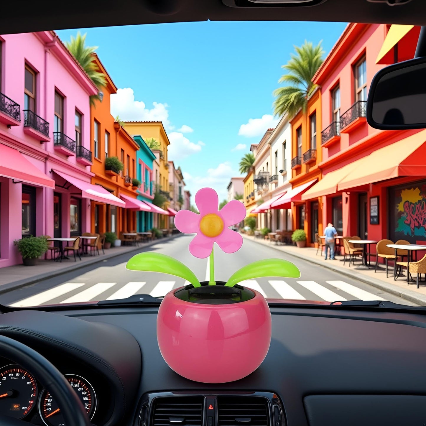 Miniature solar powered flip flap swinging flower plant accessory for vehicles.