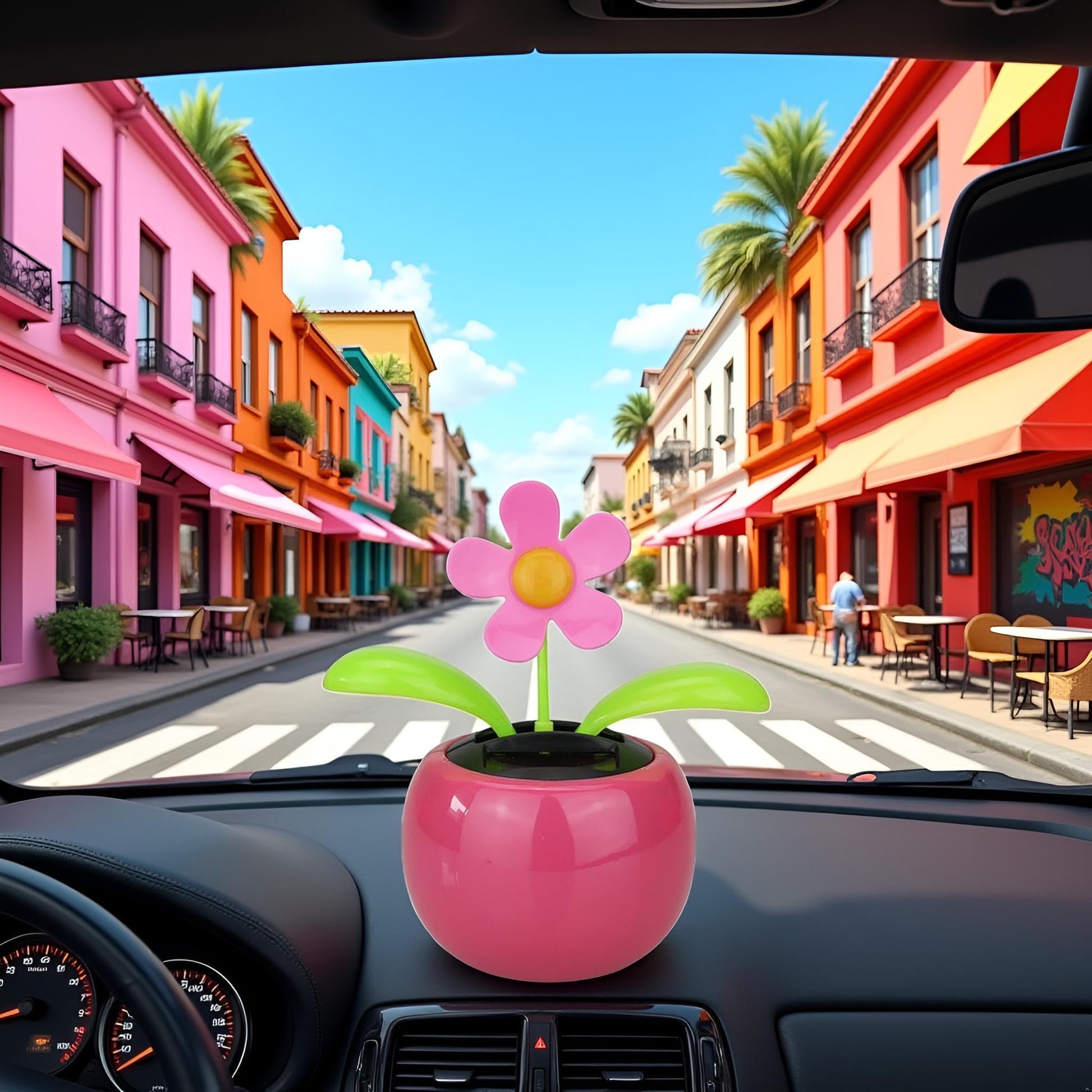 Miniature solar powered flip flap swinging flower plant accessory for vehicles.