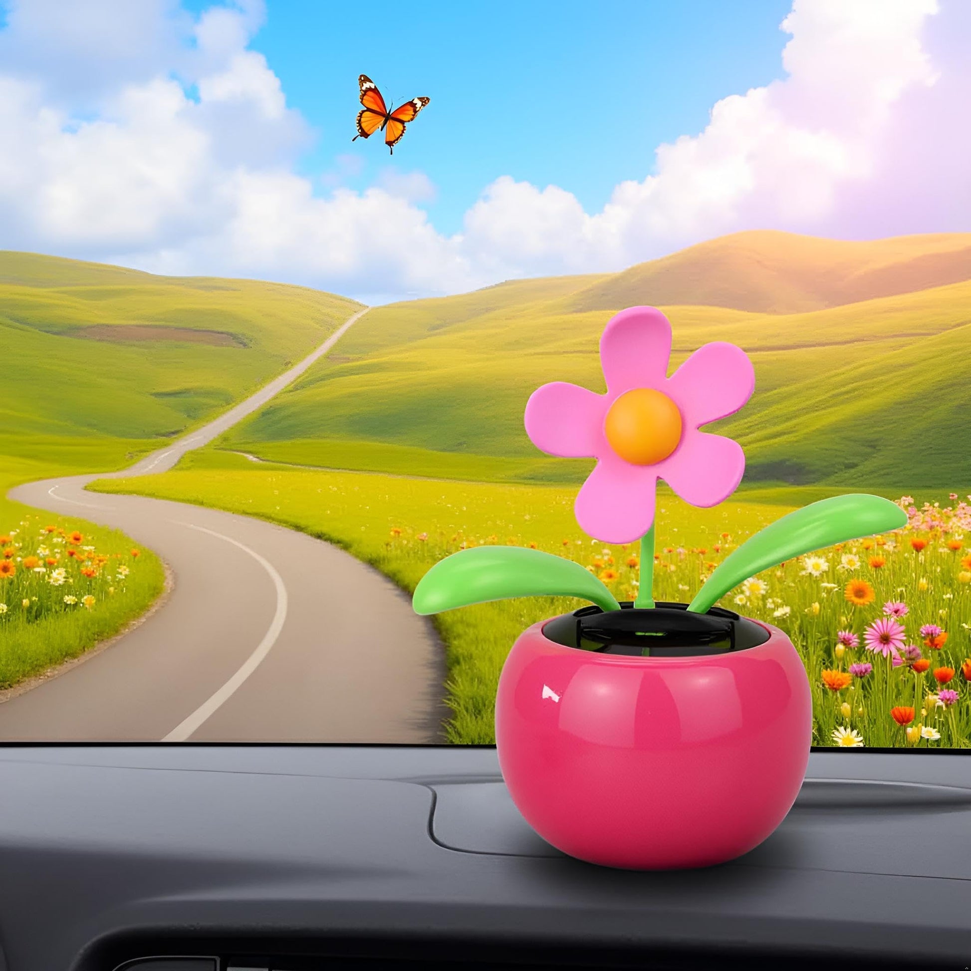 Imported Xinjincang whimsical pink sunflower desk toy showing the integrated solar panel.
