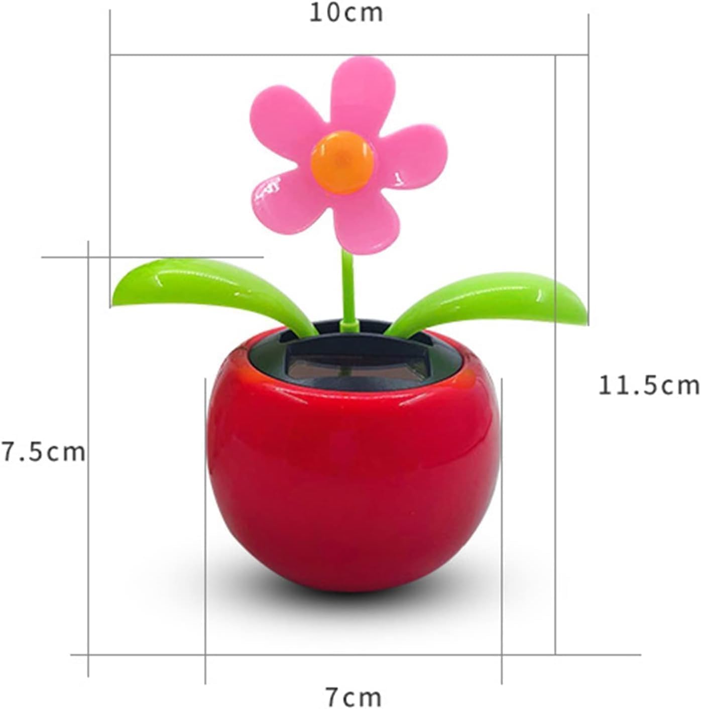 Side angle view of the animated solar powered swinging flower pot car ornament for interior styling