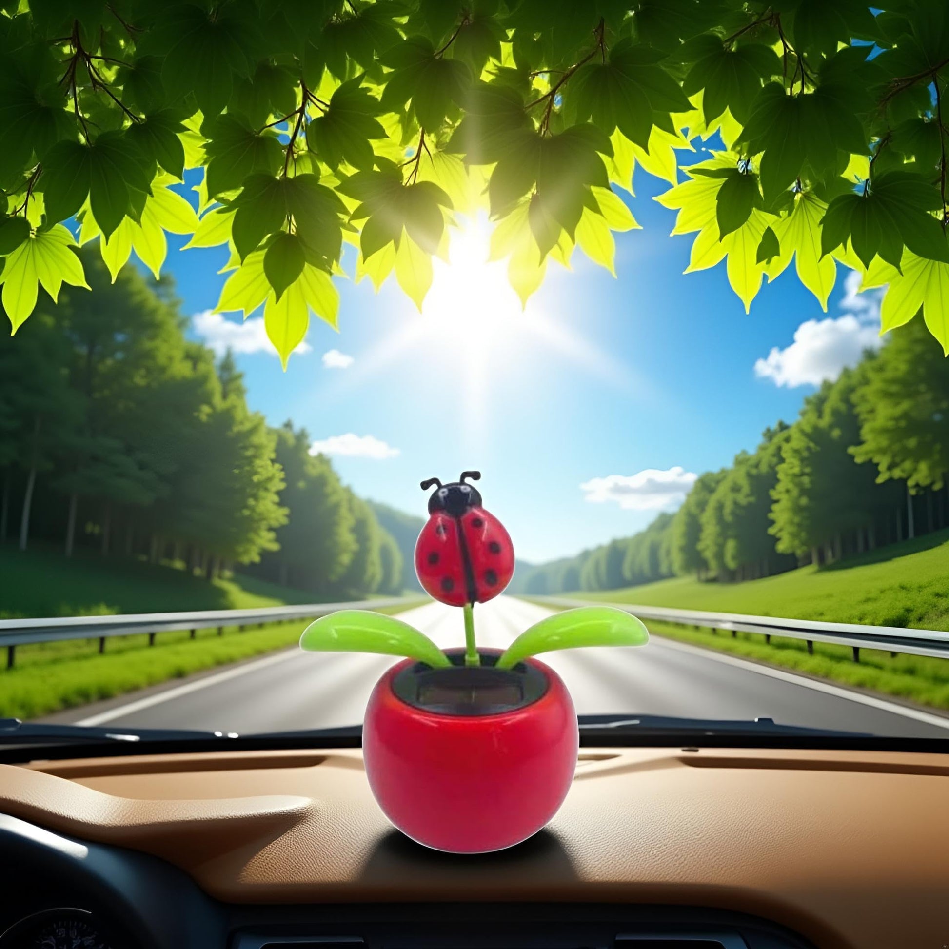 YuanHolumid solar ladybug bobblehead toy placed on a sunny vehicle dashboard displaying its compact size