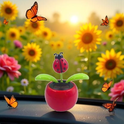 Eco friendly battery free solar dancing flower decoration with red seven star ladybug pattern on a green base