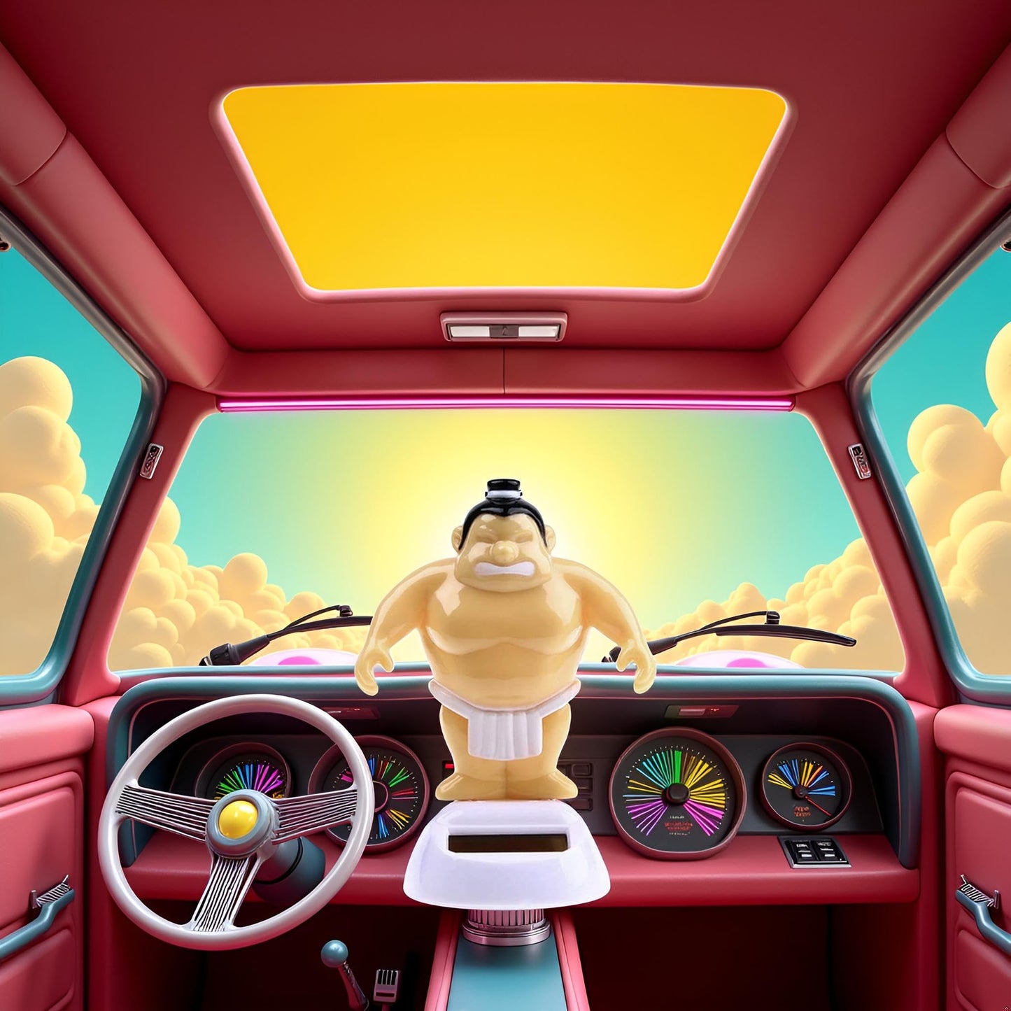 PurYupearl battery free solar bobble toy positioned on a vehicle dashboard under direct sunlight.
