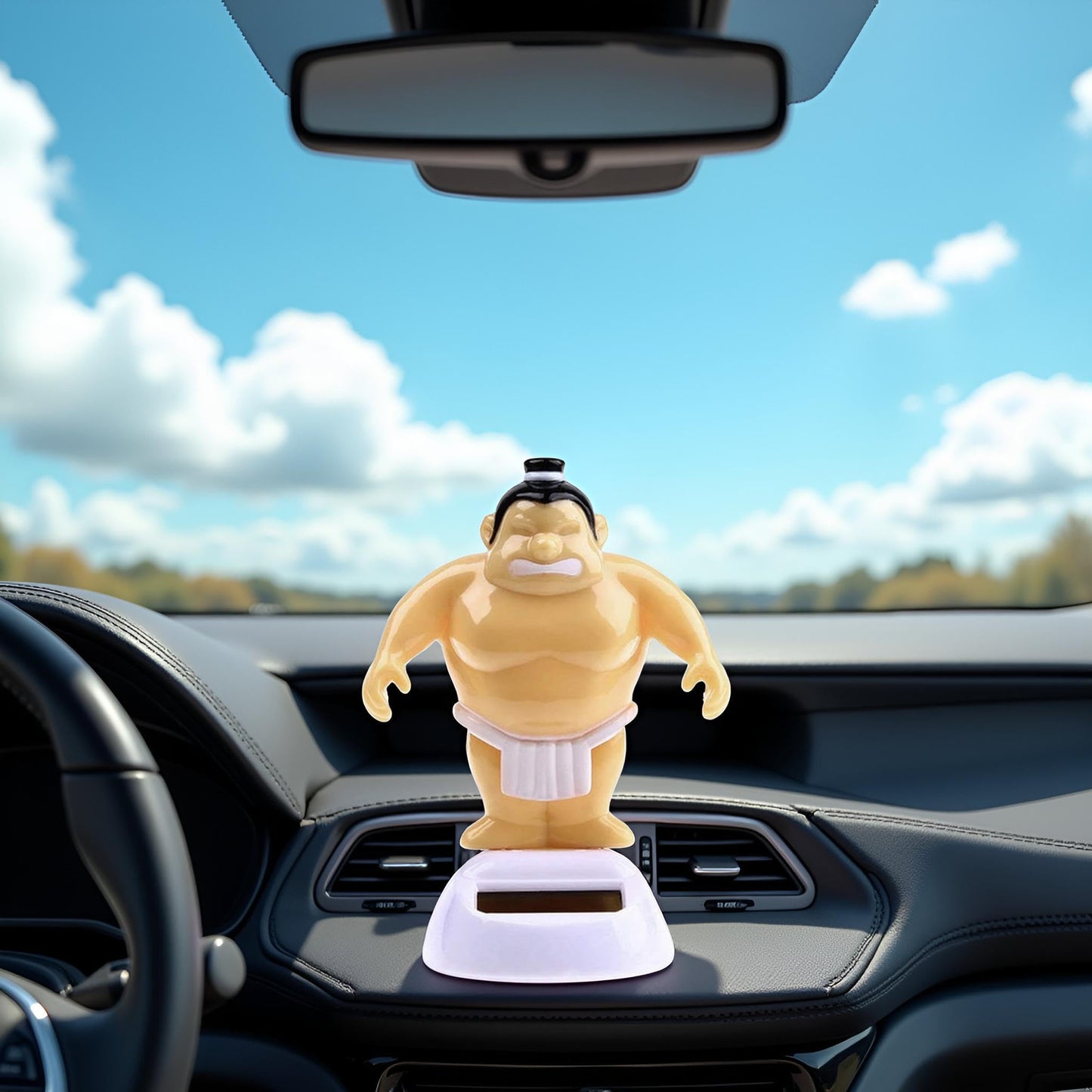 Side view of the lightweight sumo wrestler car ornament highlighting its compact safety profile for driving.