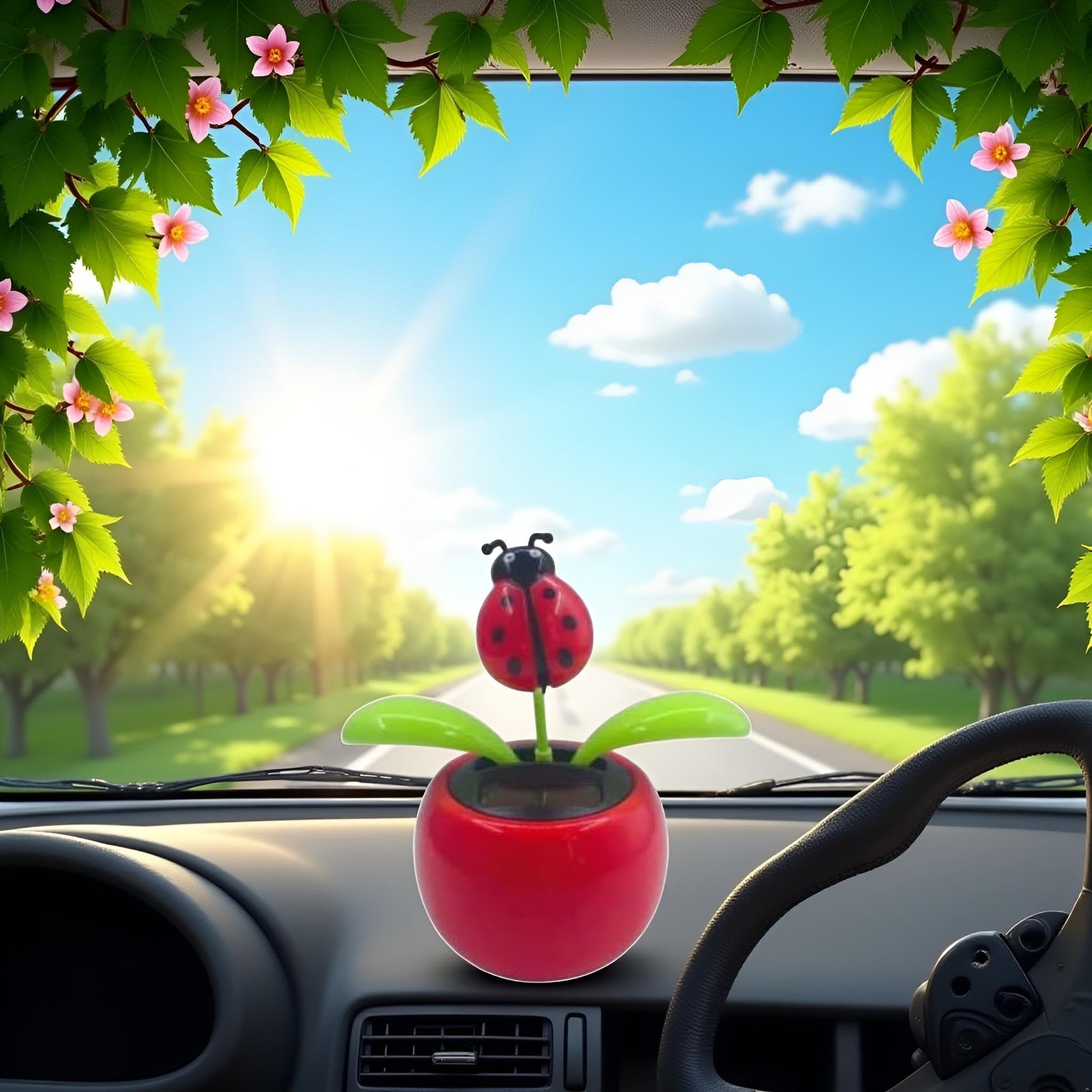 A collection of red ladybug solar swinging toys demonstrating continuous motion under bright window light