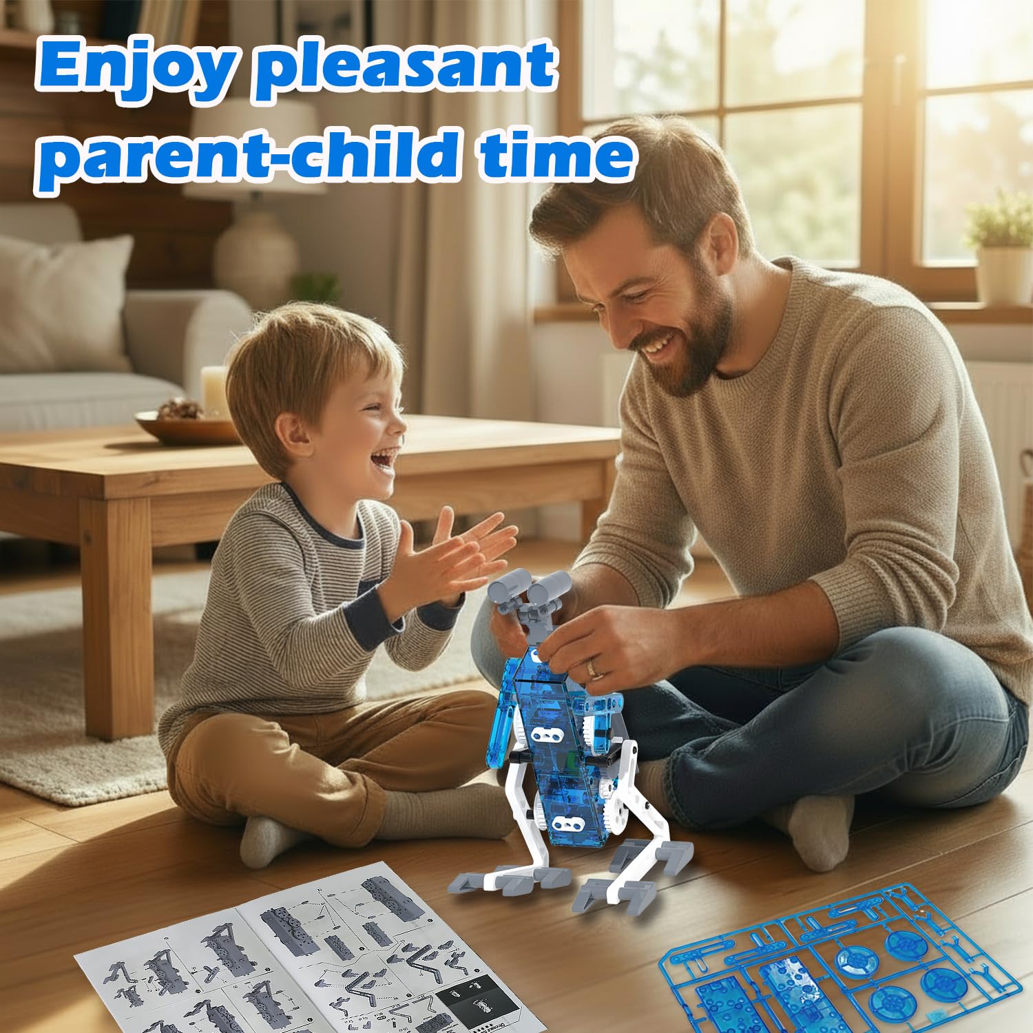 Step-by-step instruction booklet open next to partially assembled Hechify solar energy robot parts.