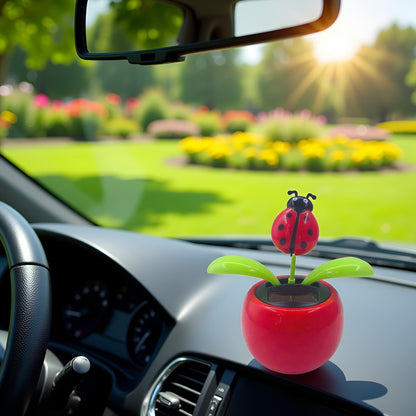 Red car decoration flower with green leaves and adhesive base for vehicle dashboard