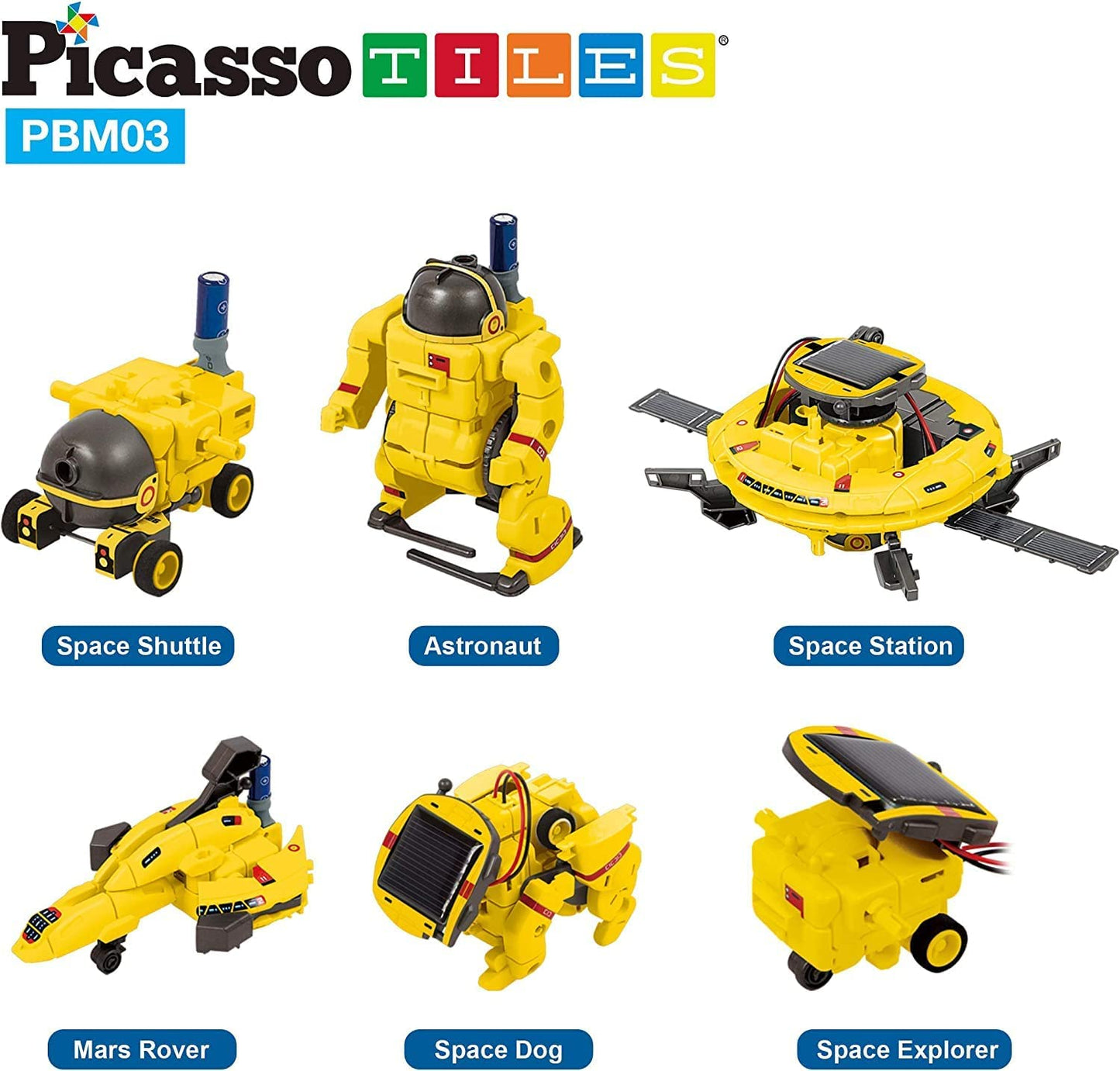 PicassoTiles 6 in 1 solar robot kit showing all six transformable space designs