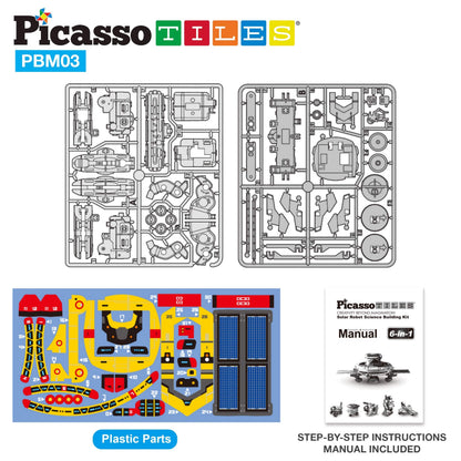 Eco friendly battery free solar power engineering kit pieces spread out for assembly