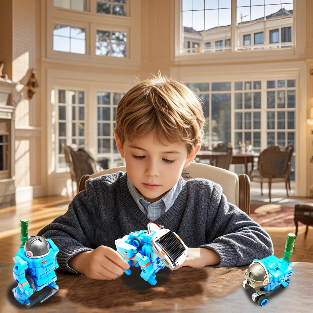 Six in one solar powered space robot toy configurations including Mars astronaut and space station models.