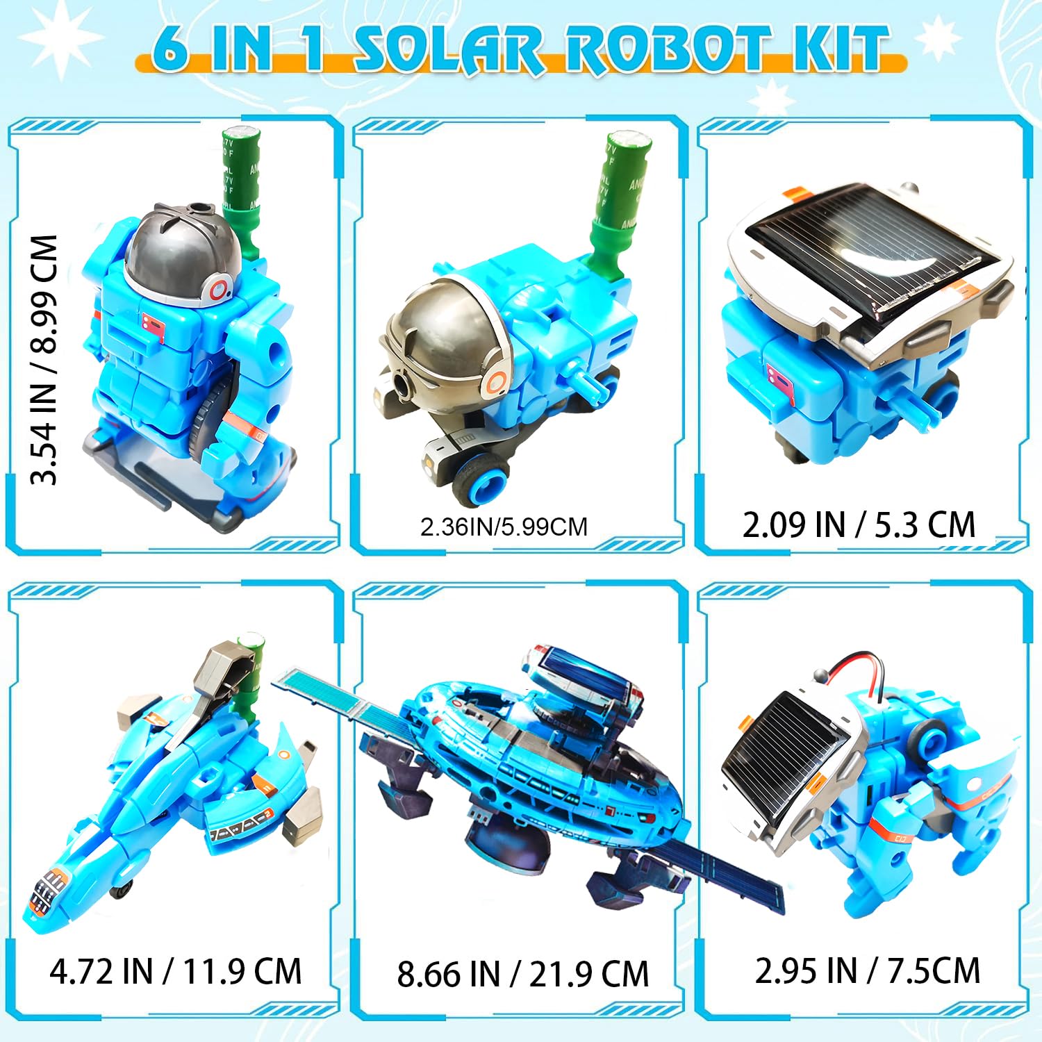 Educational science kit for kids featuring blue modular robotic pieces and miniature electric motor.