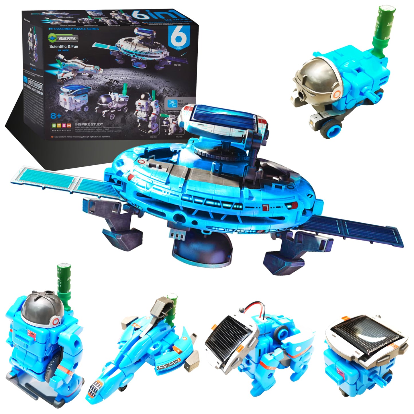 Assembled spaceship model with expandable wings showing the dual power battery and solar connection.