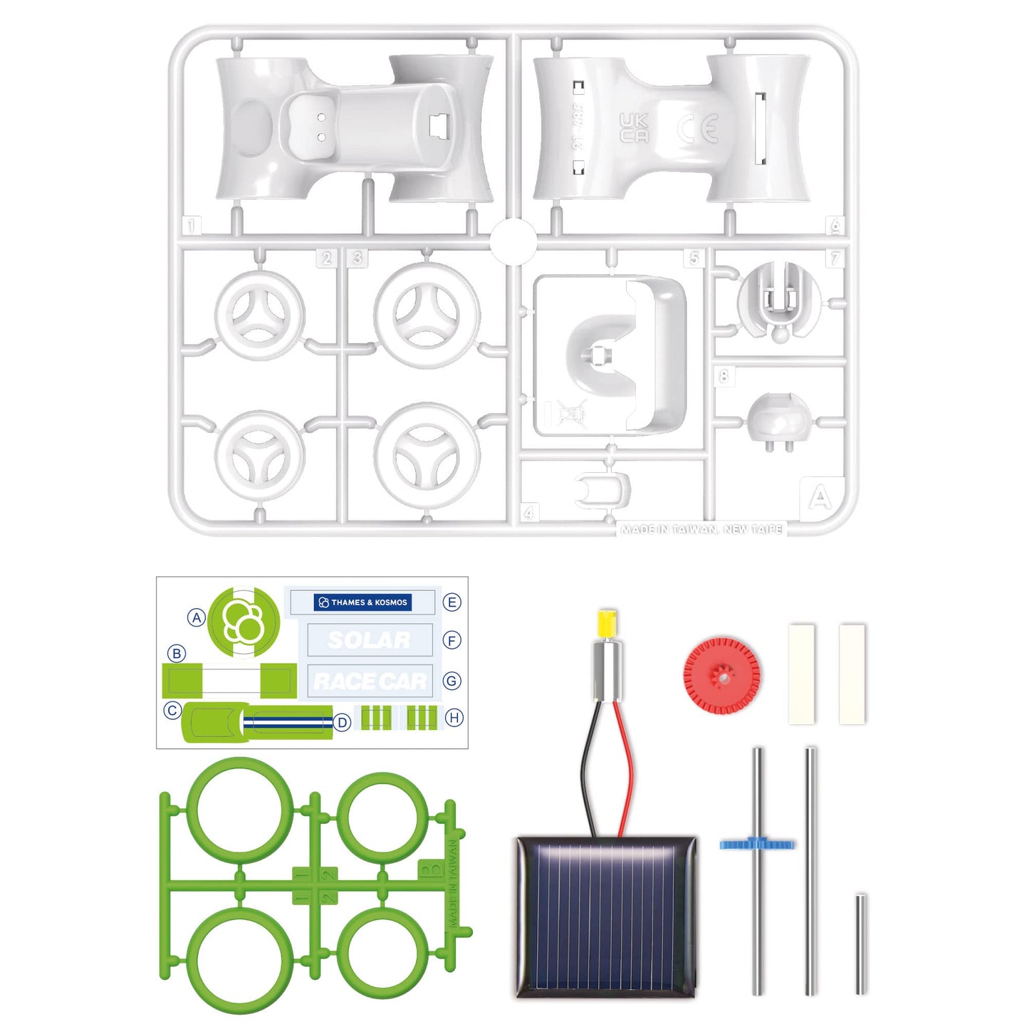 Assembled plastic solar race car model highlighting the adjustable photovoltaic panel and green wheels.