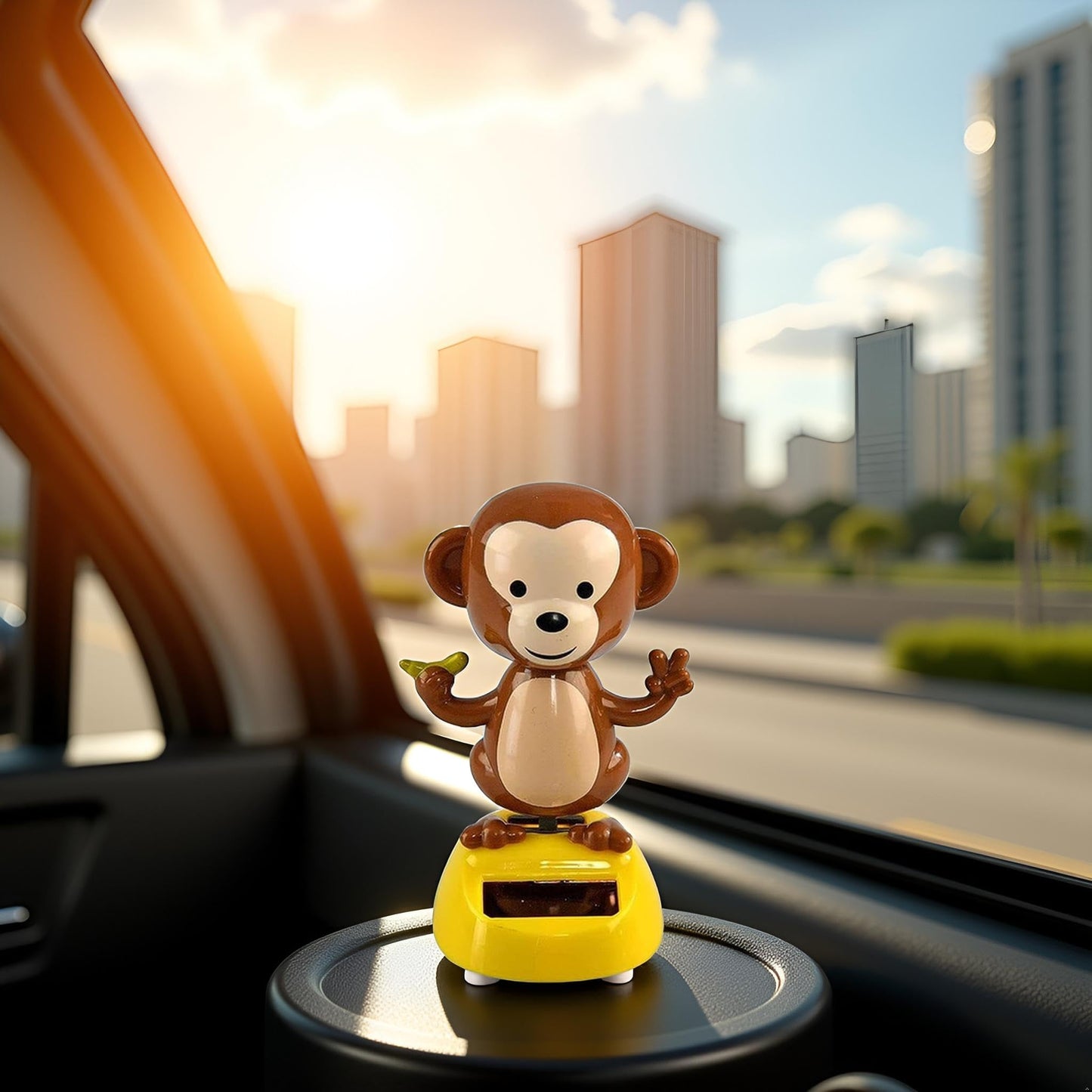 Whimsical moving monkey car interior styling accessory item setup