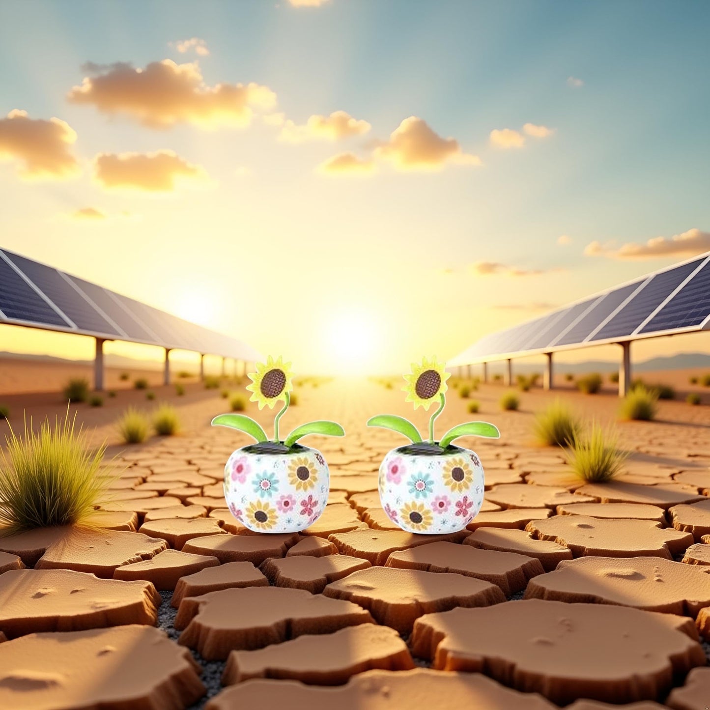 Bobblehead style sunflower solar toys swaying side to side near a bright windowsill