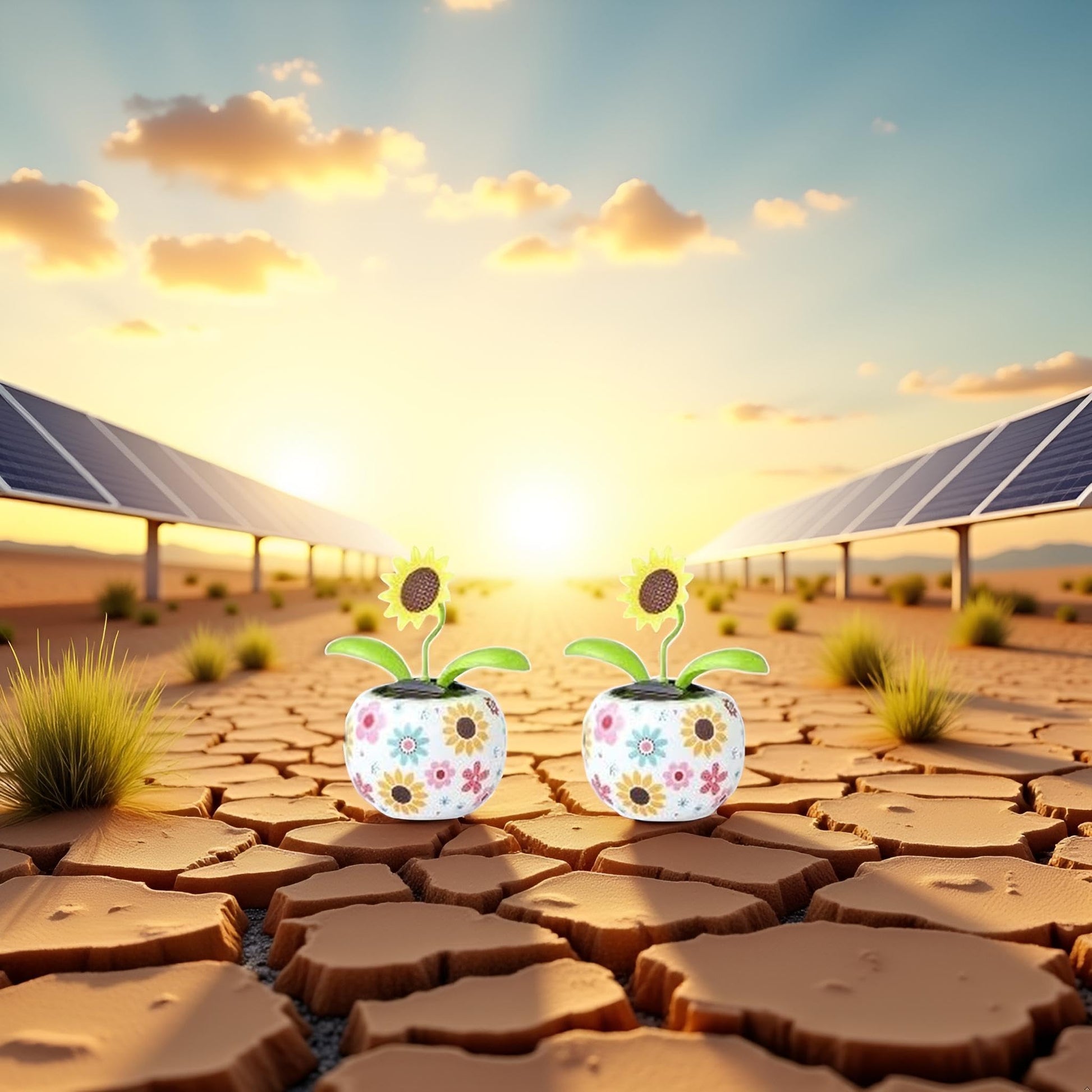 Bobblehead style sunflower solar toys swaying side to side near a bright windowsill