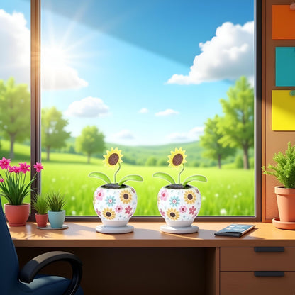 A pair of cheerful sunflower dashboard figurines running smoothly without any batteries