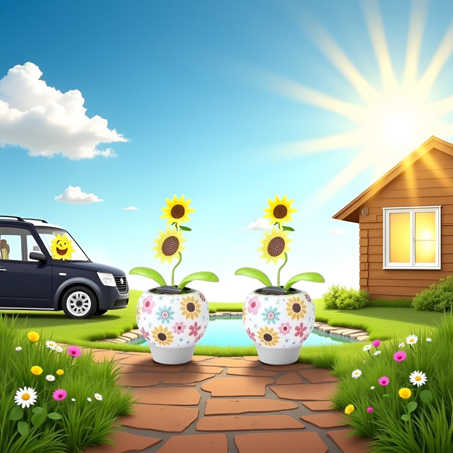 Compact animated solar power kits featuring decorative dancing sunflowers for stress relief