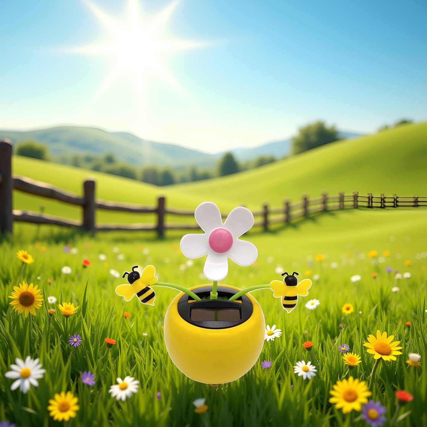 Side angle view of the eco friendly plastic solar sunflower showpiece for office desks.