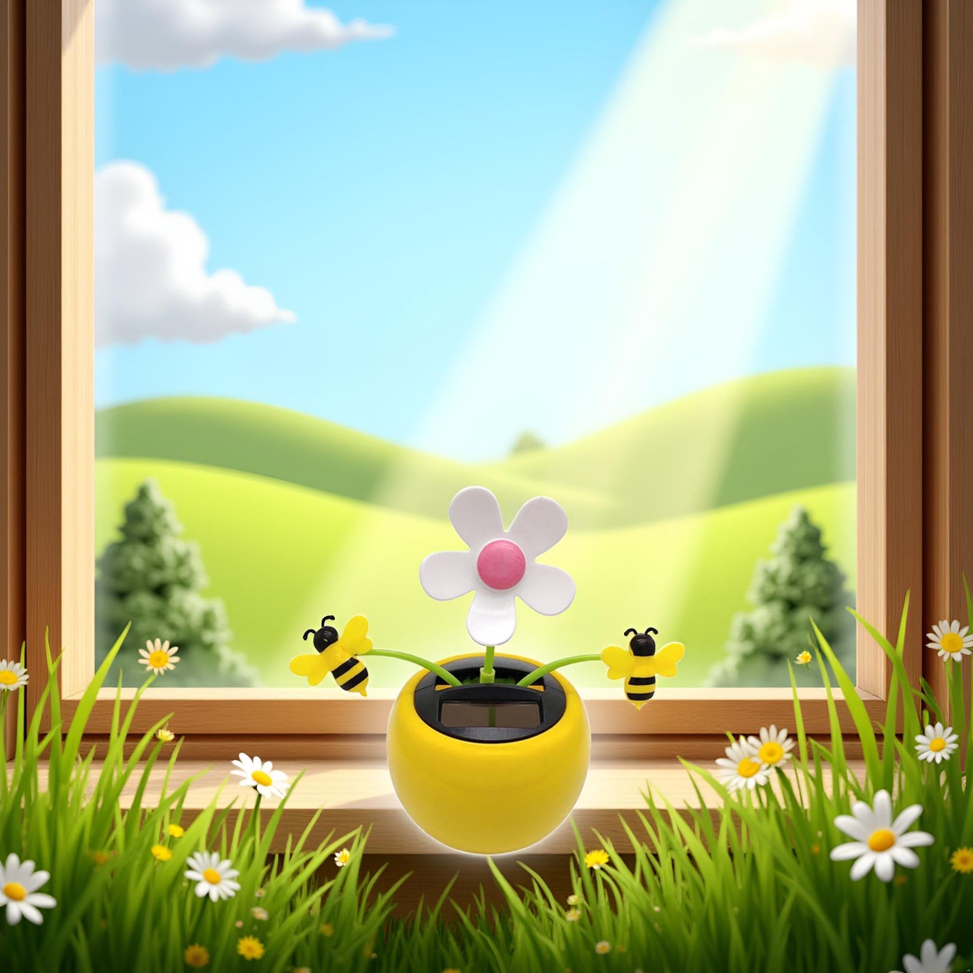 Authentic USA imported solar dancing flower showing the double bee design elements.