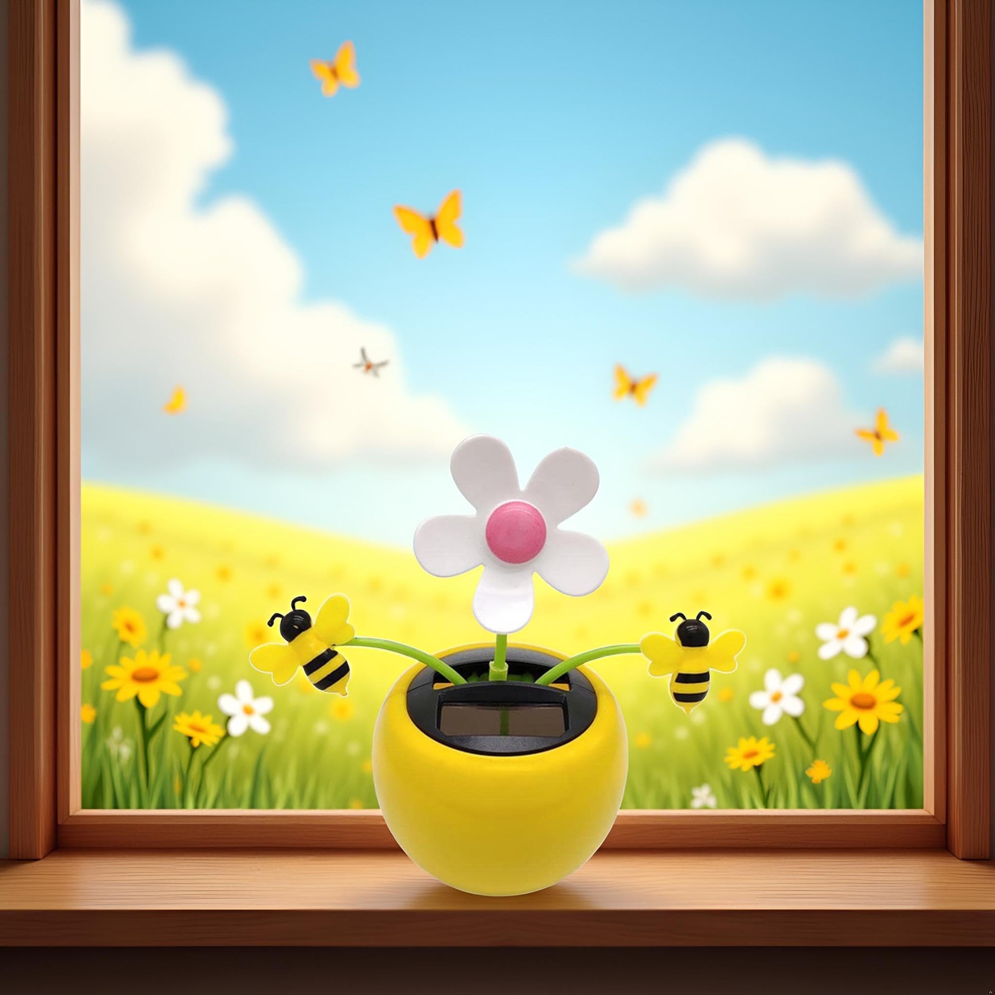 Sunlight hitting the solar panel of the JJLFresheners car flipping flower novelty toy.
