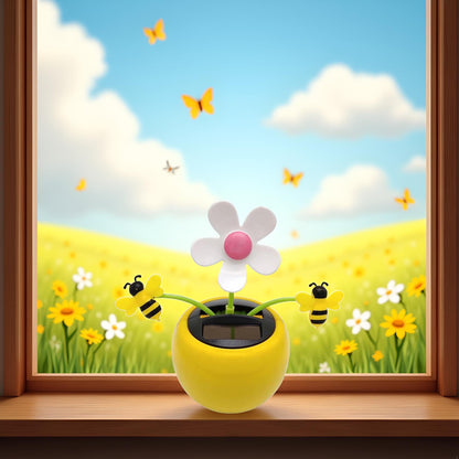 Sunlight hitting the solar panel of the JJLFresheners car flipping flower novelty toy.