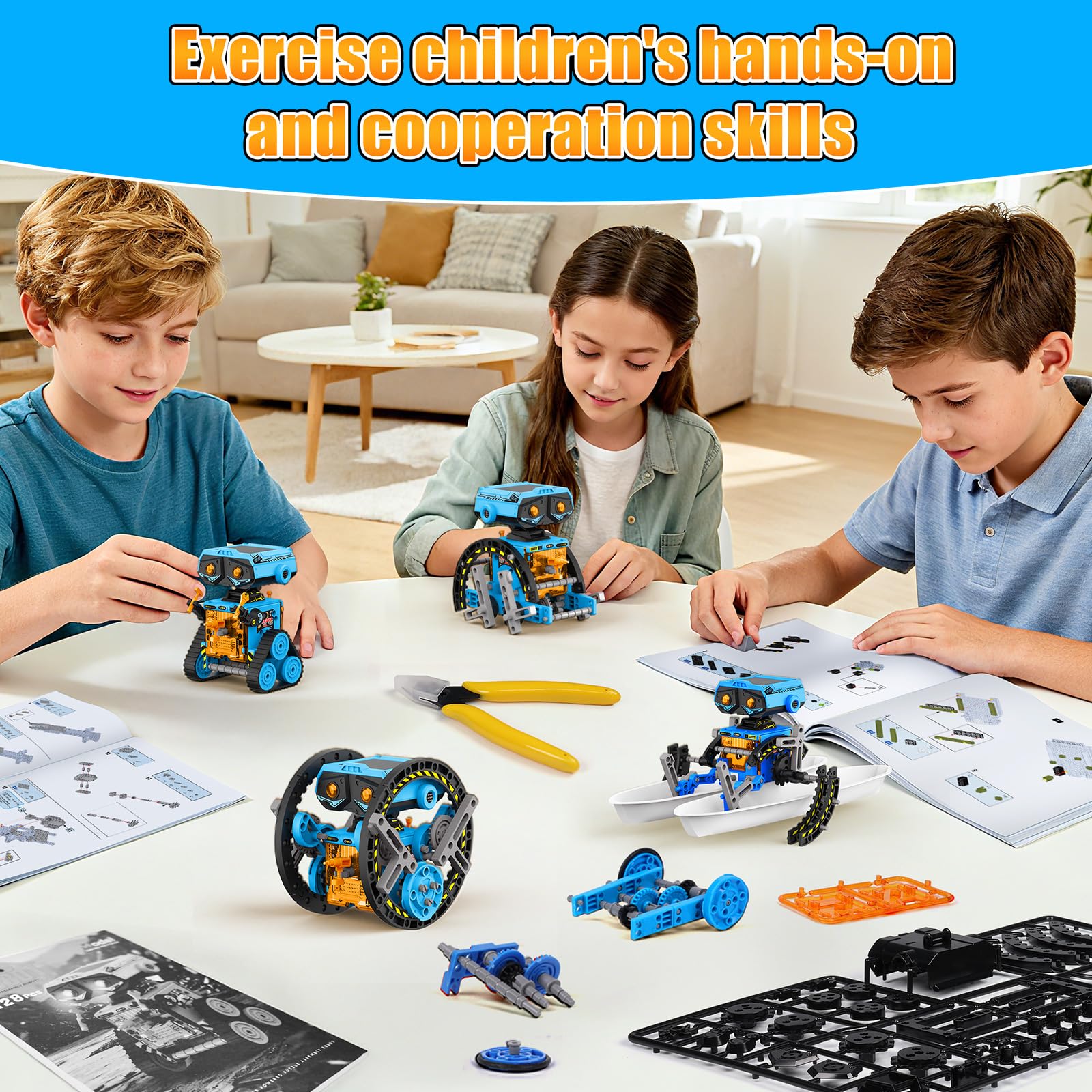 Different robotic configurations showing land and water vehicle shapes built from the AESGOGO science kit