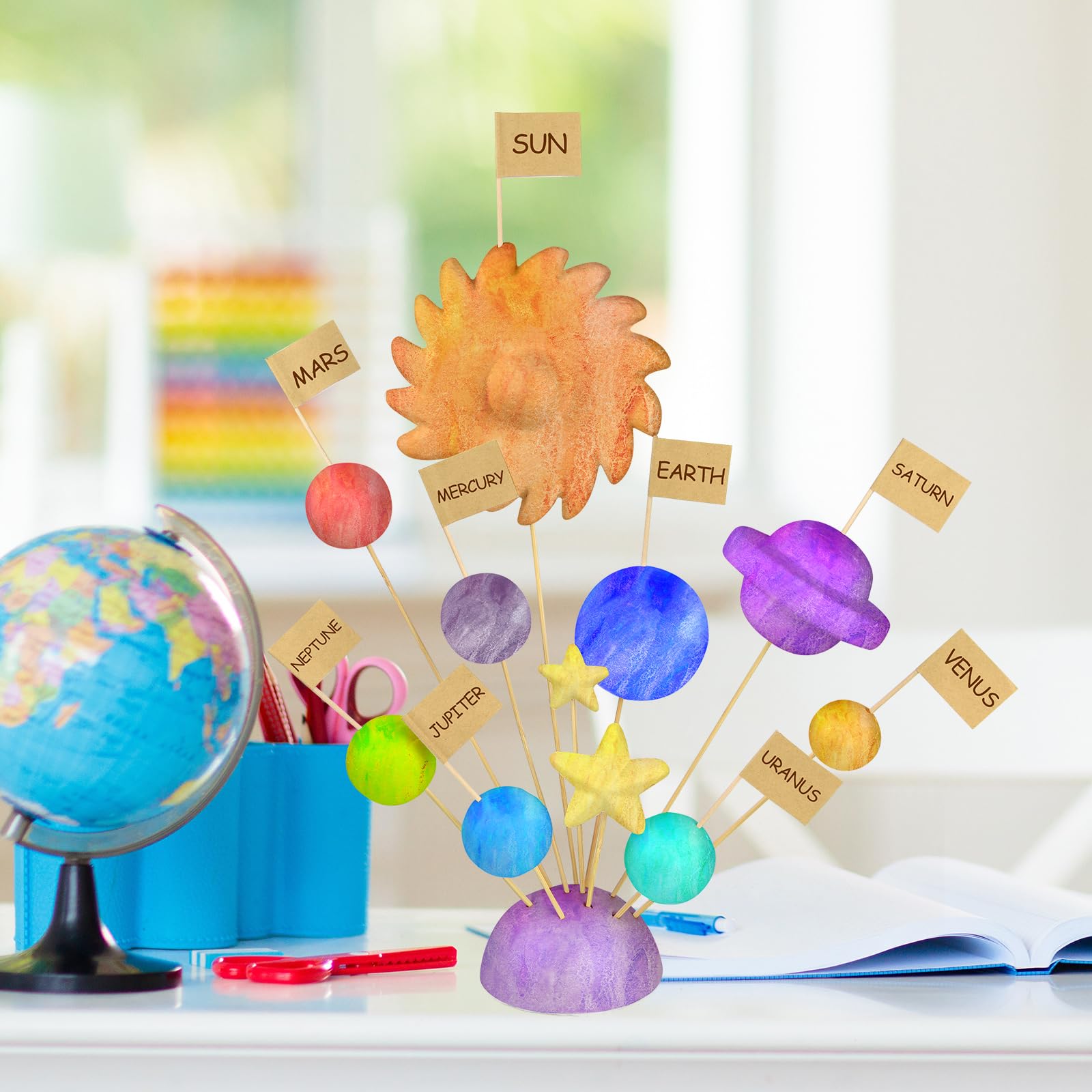 Completed three dimensional 3D solar system model built using thermocol balls