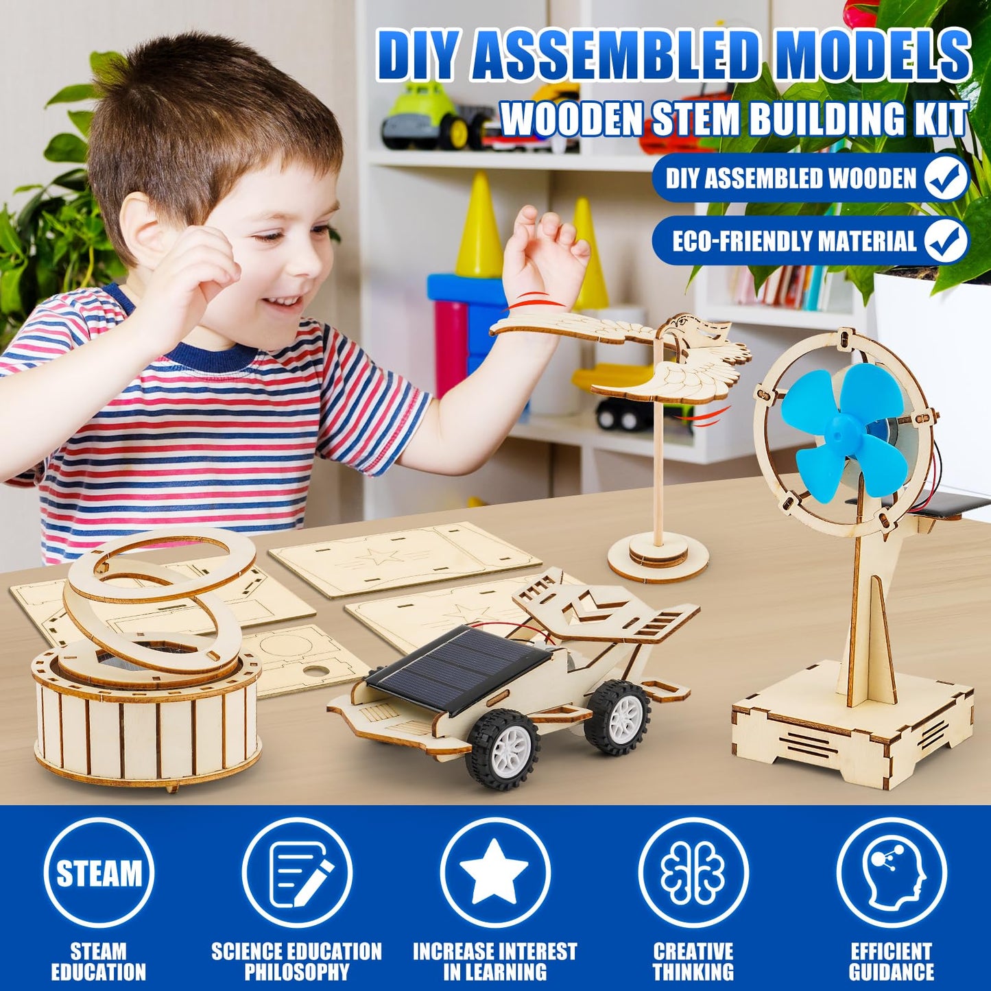 Assembled wooden solar racing car model from the Lucky Guess engineering set.